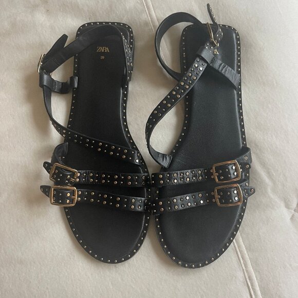 Zara Black Leather Studded Sandals-Size 8.5 - Picture 1 of 2